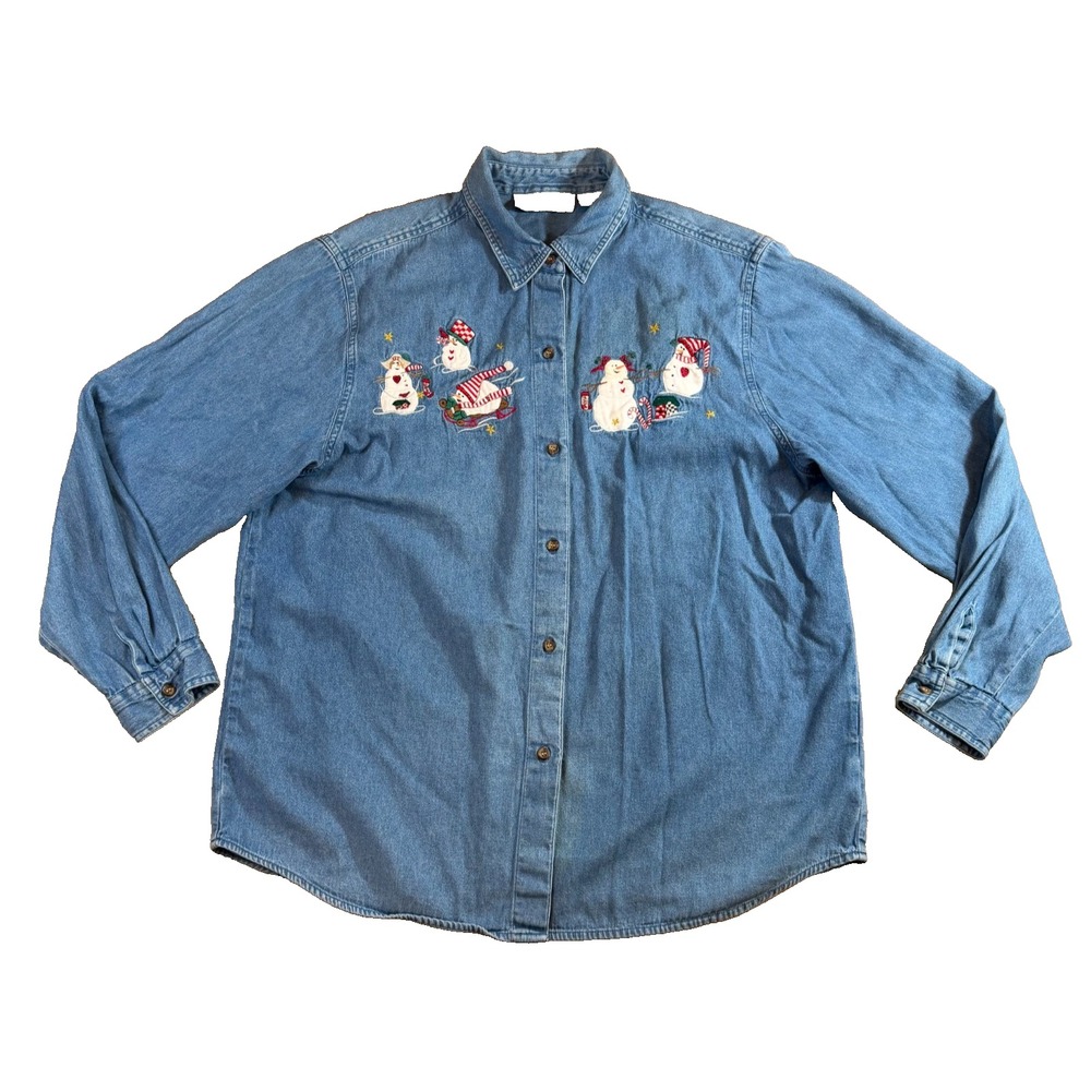 Vtg Womens Denim ButtonUp Shirt XL Christmas Holiday Snowman Embroidery Ugly 90s